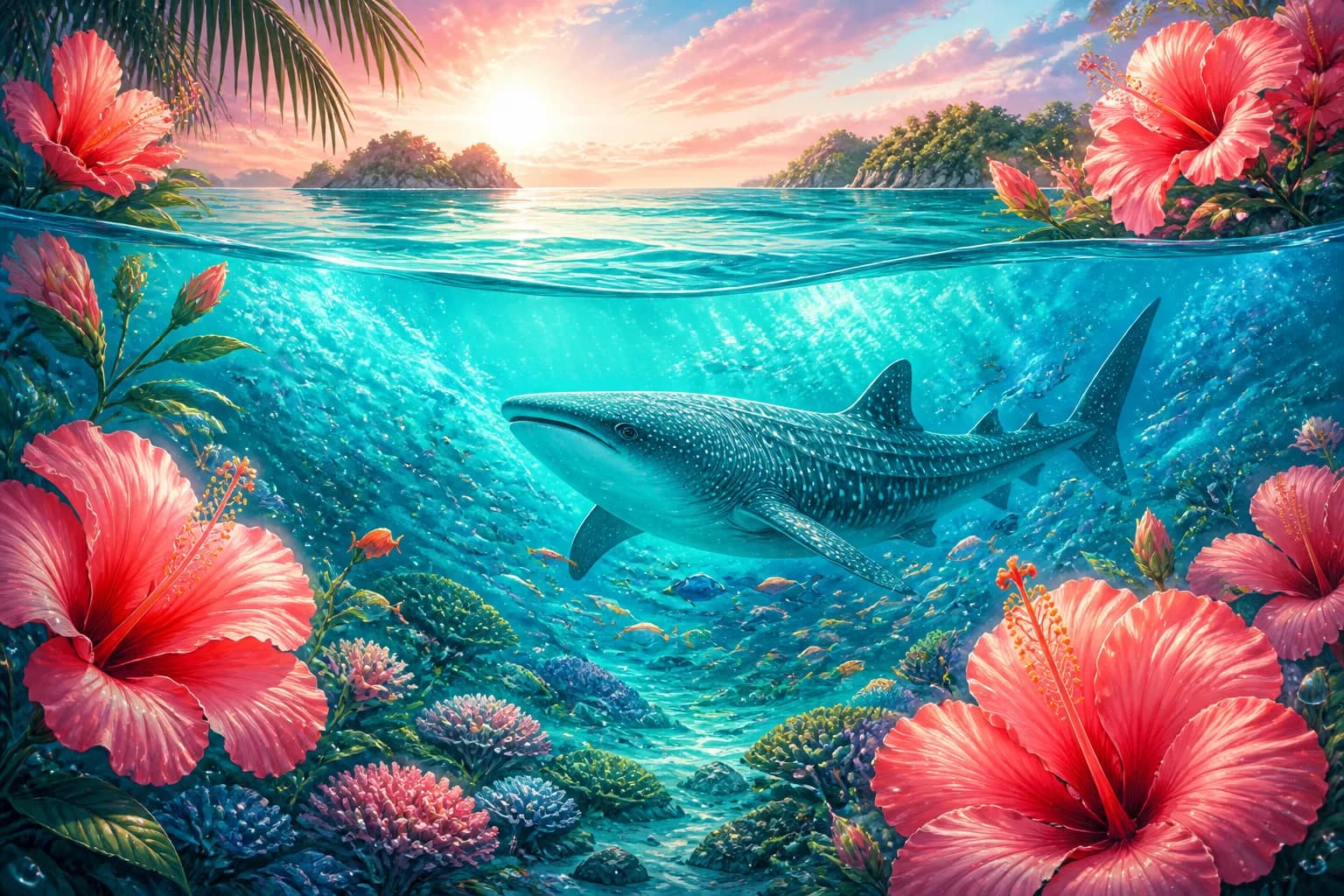 沖海6 Withえなこの分析ページ専用イラスト。沖縄の海とハイビスカス、海中を進むジンベエザメ