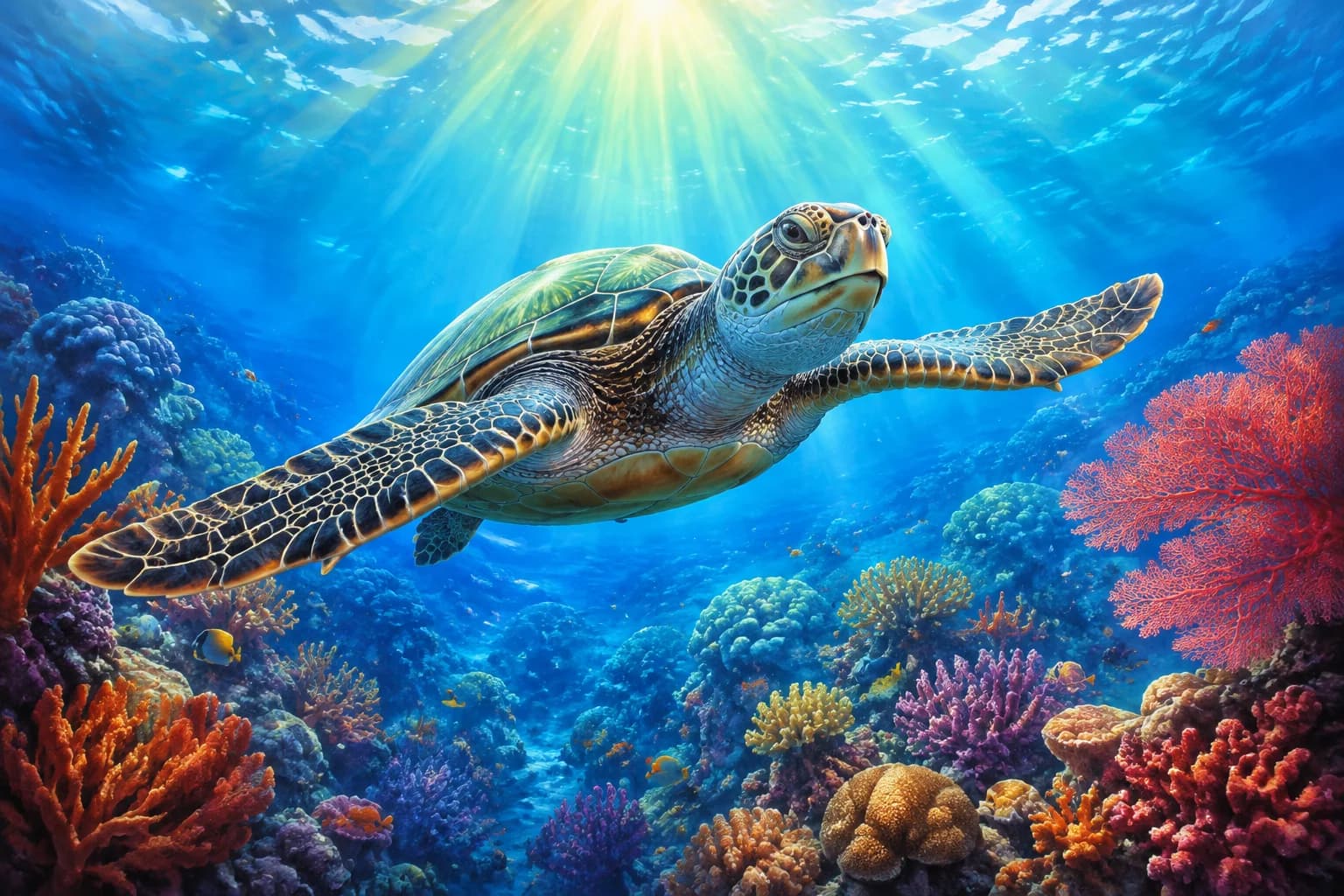 大海物語5の分析ページ専用イラスト。サンゴ礁と海を泳ぐウミガメ